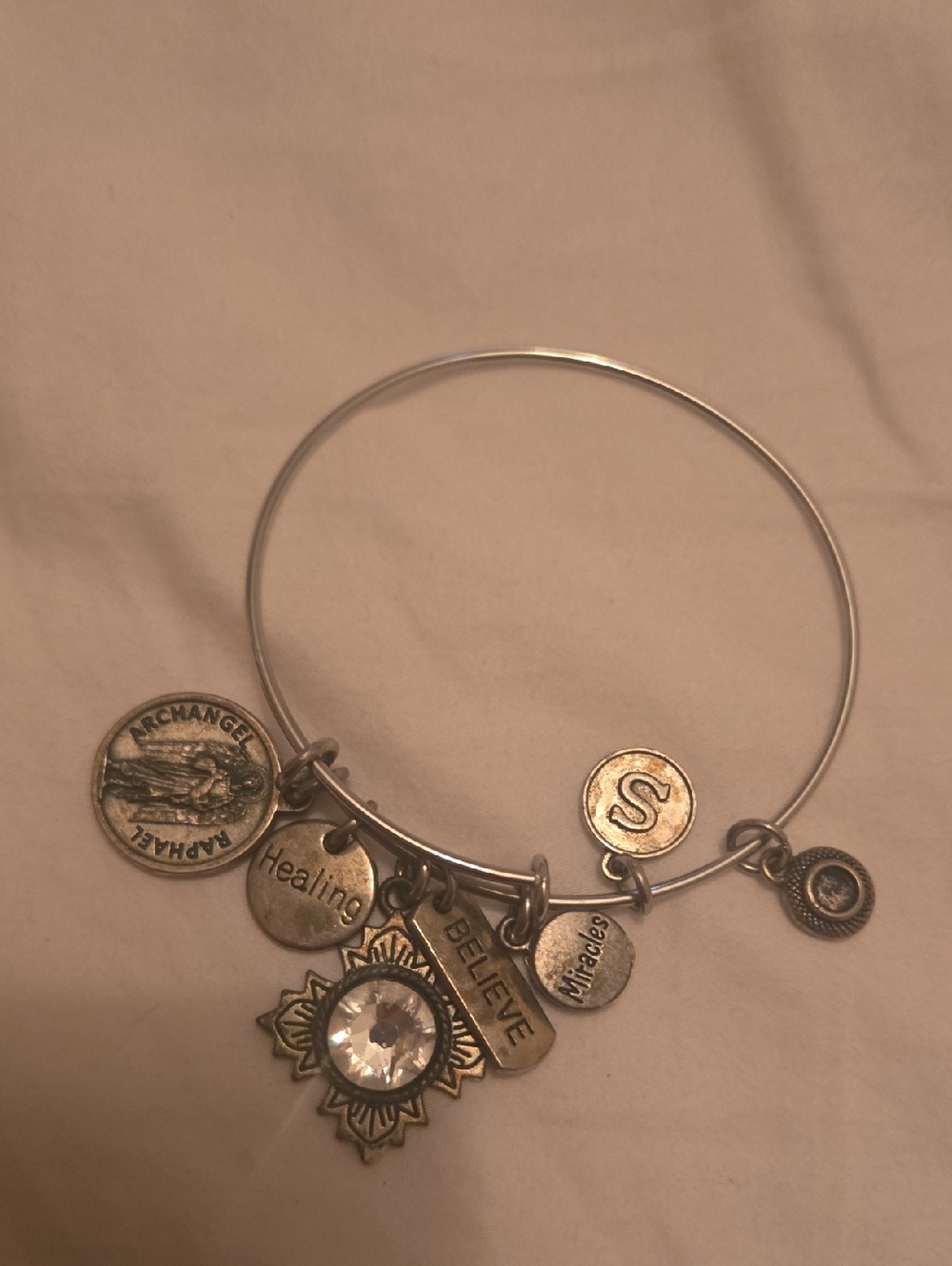 Silver-Tone Charm Bangle Bracelet with Crystal Sunburst Charm
